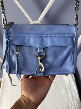 Rebecca Minkoff Mini Mac Blue PebbleLeather Stud Chain Links Strap Crossbody Bag